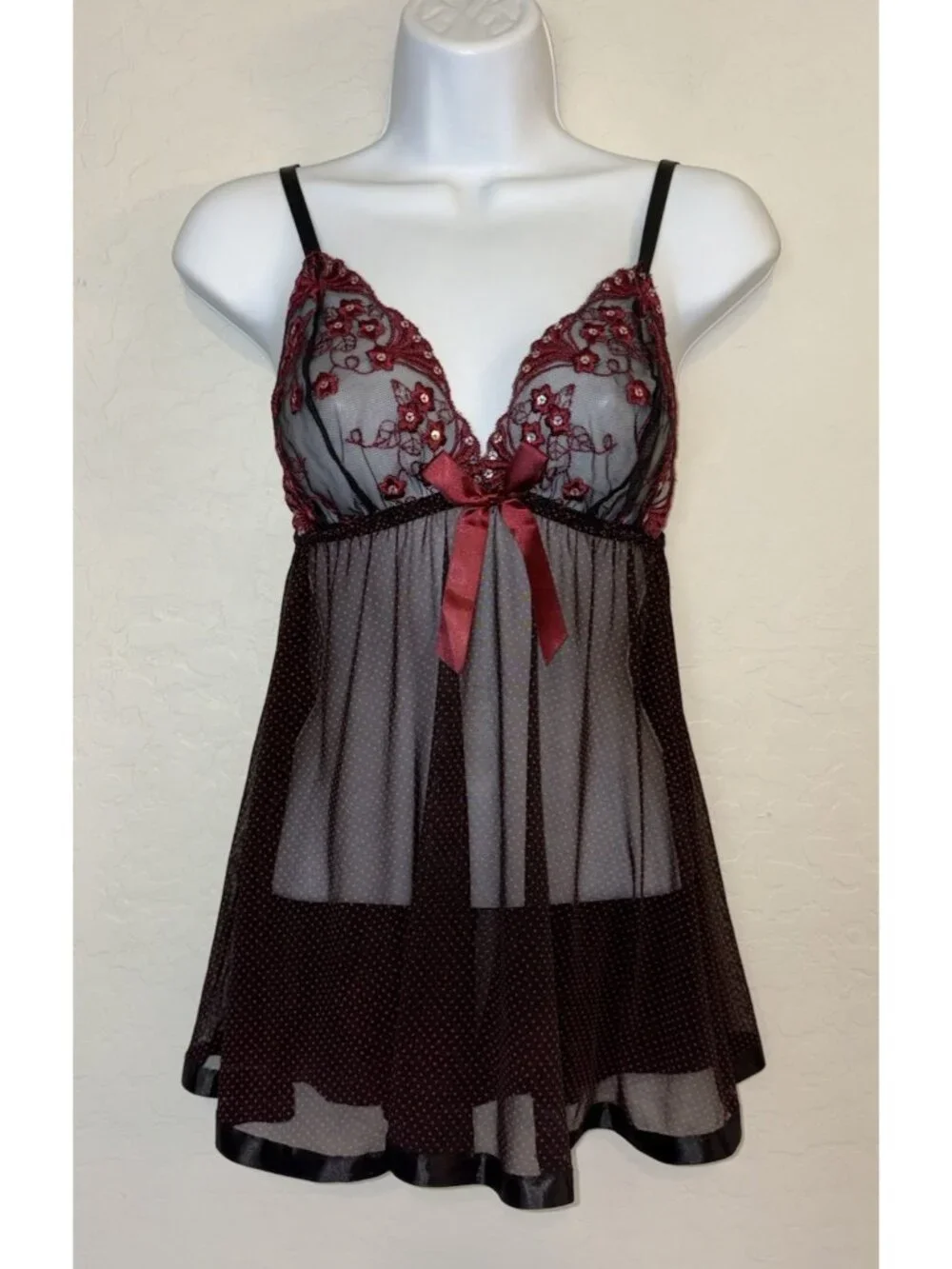 Y2K Goth Black & Burgundy Polka Dot Mesh‎ Babydoll Lingerie with Sequin Lace S